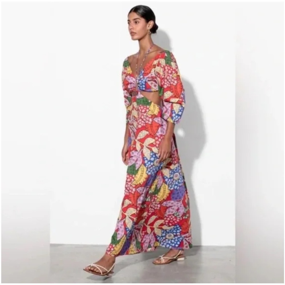 Mara Hoffman Maxi Floral Cut-Out Shaina Puff-Sleeve Dress Organic Cotton Sz. L - Picture 2 of 12